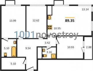 Трёхкомнатная квартира 89.35 м²