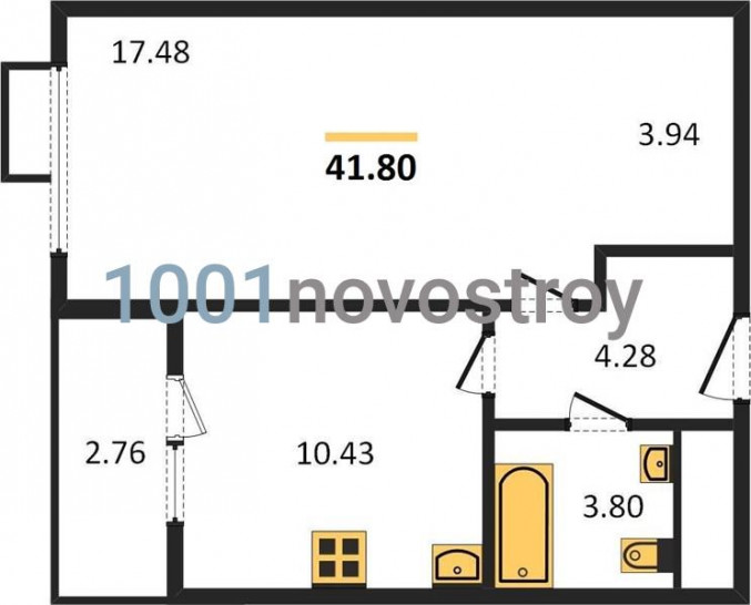 Однокомнатная квартира 41.8 м²